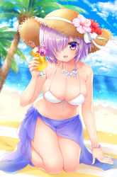 Rule 34 | 1girl, :d, alternate costume, barefoot, beach, bikini, blue sky, blurry, bracelet, breasts, cleavage, day, depth of field, drink, dutch angle, fate/grand order, fate (series), flower, flower necklace, front-tie bikini top, front-tie top, hair over one eye, hat, hat flower, hat ribbon, highres, horizon, jewelry, kneeling, large breasts, mash kyrielight, mitsuba choco, navel, necklace, open mouth, outdoors, palm tree, purple eyes, purple hair, ribbon, sarong, see-through, short hair, sky, smile, solo, straw hat, string bikini, sun hat, sweat, swimsuit, tree, white bikini