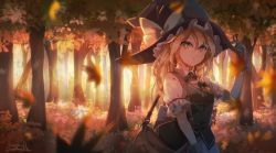 Rule 34 | 1girl, arm up, autumn leaves, bag, black gloves, black hat, black vest, blonde hair, blue ribbon, bow, braid, breasts, buttons, collared shirt, commentary request, dated, falling leaves, gloves, hair ribbon, hat, hat bow, highres, kirisame marisa, leaf, lips, long hair, looking at viewer, medium breasts, puffy short sleeves, puffy sleeves, ribbon, shirt, short sleeves, signature, single braid, solo, standing, strap, tami (joemanyodw), touhou, tree, tress ribbon, vest, white bow, white shirt, wing collar, witch hat, yellow eyes