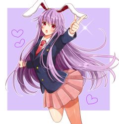 Rule 34 | 1girl, :o, animal ears, blazer, blush, crescent, finger gun, foreshortening, heart, jacket, lapels, long hair, long sleeves, looking at viewer, necktie, notched lapels, okawa friend, open mouth, pleated skirt, pointing, purple hair, rabbit ears, red eyes, reisen udongein inaba, shirt, simple background, skirt, solo, sparkle, touhou, very long hair