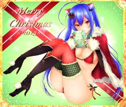 Rule 34 | 10s, 1girl, 2015, bikini, blue hair, boots, breasts, christmas, frofrofrost, gift, high heel boots, high heels, long hair, merry christmas, phantasy star, phantasy star online 2, red eyes, solo, swimsuit, thighhighs, twintails