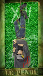 Rule 34 | abs, cellphone, coat, cross-laced footwear, denim, facial hair, flip phone, french text, green background, grey coat, grey headwear, headphones, highres, iwai munehisa, jeans, pants, persona, persona 5, phone, radx26, restrained, roman numeral, rope, signature, tarot, the hanged man (tarot), translated, upside-down, watermark, web address