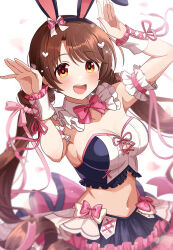 Rule 34 | 1girl, animal ear hairband, animal ears, arm garter, blush, bow, bowtie, breasts, brown hair, cleavage, collarbone, crop top, detached collar, fake animal ears, falling petals, fingernails, frilled skirt, frills, hairband, hands up, idolmaster, idolmaster cinderella girls, idolmaster cinderella girls starlight stage, long hair, looking at viewer, medium breasts, navel, petals, pink bow, pink bowtie, rabbit ear hairband, rabbit ears, rabbit pose, sakura ran, shimamura uzuki, skirt, smile, solo, stomach, twintails, very long hair