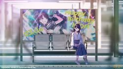 Rule 34 | 1girl, ad, black hair, blurry, blurry background, dated, full body, happy birthday, highres, idol, idolmaster, idolmaster shiny colors, kazano hiori, looking at viewer, official art, outdoors, seat, sitting, solo focus, train station