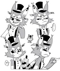 Rule 34 | ..., 1boy, ?, absurdres, amykem, anger vein, animal ears, animal nose, body fur, bottle, bow, bowtie, cat boy, cat ears, character name, chinese commentary, closed mouth, colored sclera, commentary request, cropped torso, expressions, frown, furrowed brow, furry, furry male, greyscale, grin, hat, hazbin hotel, highres, holding, holding bottle, husk (hazbin hotel), looking to the side, male focus, monochrome, multicolored wings, multiple views, pointing, sharp teeth, simple background, smile, speech bubble, spoken ellipsis, spoken question mark, suspenders, teeth, top hat, traditional bowtie, two-tone fur, v-shaped eyebrows, wings