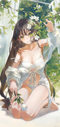 Rule 34 | 1girl, absurdres, arm up, artist name, bare legs, barefoot, bikini, blurry, blurry background, branch, breasts, cleavage, closed mouth, dated, day, double strap slip, feet, fingernails, flower, green eyes, highres, holding, holding flower, kneeling, large breasts, leaf, long hair, looking at viewer, navel, original, outdoors, rose, smile, solo, string bikini, swimsuit, swkl:d, thigh gap, toenails, toes, very long hair, white bikini, white flower, white rose