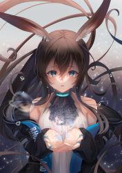 Rule 34 | 1girl, absurdres, amiya (arknights), animal ear fluff, animal ears, arknights, ascot, bare shoulders, black ascot, black coat, blue eyes, blush, breasts, brown hair, clothes writing, coat, crying, crying with eyes open, ear piercing, gradient background, grey background, hair between eyes, highres, jewelry, light particles, long hair, long sleeves, medium breasts, multiple rings, open clothes, open coat, own hands together, parted lips, piercing, ponytail, rabbit ears, ring, shirt, solo, sora01o, tears, upper body, very long hair, water drop, white shirt