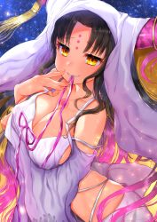 Rule 34 | 1girl, akirannu, bare shoulders, black hair, blush, breasts, chest tattoo, cleavage, collarbone, facial mark, fate/extra, fate/extra ccc, fate (series), forehead mark, grin, habit, highres, horns, large breasts, long hair, looking at viewer, revealing clothes, ribbon, sessyoin kiara, smile, solo, tassel, tattoo, veil, wavy hair, yellow eyes