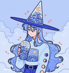 Rule 34 | 1girl, anime coloring, bad id, bad instagram id, belt, belt buckle, blue background, blue belt, blue eyes, blue hair, blue hat, blue pants, blue shirt, blue theme, buckle, closed mouth, cloud, cowboy shot, crescent, crescent moon, cup, denim, disposable cup, drink, drinking straw, drop earrings, earrings, emily kim, hat, highres, holding, holding drink, instagram username, jeans, jewelry, long hair, long sleeves, moon, moon phases, moon print, original, pants, puffy long sleeves, puffy sleeves, see-through, see-through headwear, shirt, simple background, smile, solo, sparkle, star (symbol), star earrings, turtleneck, turtleneck shirt, very long hair, wave print, waves, wavy hair, witch, witch hat
