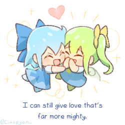 Rule 34 | 2girls, :d, ^ ^, blue dress, blue hair, cirno, closed eyes, commentary, daiyousei, dress, english commentary, english text, full body, green hair, green tea reimu, heart, multiple girls, open mouth, short hair, short sleeves, side ponytail, simple background, smile, touhou, twitter username, white background