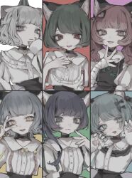 6+girls :3 :p animal_ears bandaged_arm bandages black_bow black_choker black_hair blue_background blue_hair bow cat_ears cat_girl center_frills chino_(valis) choker closed_mouth eyepatch frills fur_gloves green_background green_eyes green_hair green_nails green_ribbon grey_eyes grey_hair hair_bow hands_up hashtag-only_commentary hat heart heart_print highres kamitsubaki_studio looking_at_viewer manuka_x_x medium_hair multicolored_background multiple_girls myu_(valis) neffy_(valis) nina_(valis) open_mouth pink_background puffy_short_sleeves puffy_sleeves rara_(valis) red_background red_eyes red_hair red_nails ribbon shirt short_hair short_sleeves simple_background sinsekai_studio smile sparkle_facial_mark tongue tongue_out upper_body valis_(sinsekai) virtual_youtuber vitte_(valis) white_background white_shirt yellow_background yellow_eyes yellow_ribbon