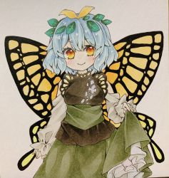 Rule 34 | 1girl, adapted costume, antennae, aqua hair, blush, butterfly wings, closed mouth, clothes lift, dress, dress lift, eternity larva, fairy, green dress, hair between eyes, highres, insect wings, leaf, leaf on head, lifted by self, long sleeves, multicolored clothes, multicolored dress, short hair, smile, solo, touhou, traditional media, wings, yellow eyes, yuya n