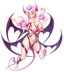 Rule 34 | 1girl, asahi, barefoot, breast hold, breast press, breasts, colored skin, curvy, demon girl, demon wings, embarrassed, full body, gradient hair, hands on own chest, highres, horns, large breasts, lilith-soft, long hair, mireille (taimanin asagi), multicolored hair, naked ribbon, nervous smile, nipples, pink hair, puffy nipples, purple eyes, ribbon, seductive smile, shiny skin, simple background, smile, solo, tail, taimanin (series), taimanin rpgx, very long hair, white background, white skin, wings