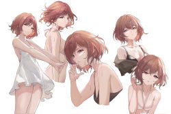 Rule 34 | 1girl, absurdres, bare shoulders, bikini, black bra, bra, breasts, brown hair, cleavage, collarbone, commentary, cropped torso, dress, floating hair, from side, goti (gotie23), hair ornament, hairclip, highres, higuchi madoka, idolmaster, idolmaster shiny colors, looking at viewer, mole, mole under eye, multiple views, off shoulder, panties, pantyshot, parted lips, short hair, simple background, sleeveless, sleeveless dress, small breasts, stretching, swimsuit, underwear, upper body, upskirt, wet, white background, white bikini, white dress, x hair ornament