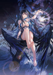 Rule 34 | 1girl, arm up, artist name, atdan, bare legs, bare shoulders, barefoot, bird, black hair, blue dress, blue eyes, blue hair, breasts, breasts apart, crow, dress, feathered wings, feet, full body, highres, in tree, large breasts, long hair, looking at viewer, multicolored hair, original, parted lips, revision, sitting, sitting in tree, soles, solo, streaked hair, toes, tree, very long hair, wings