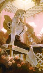 Rule 34 | 14llaann, 1girl, absurdres, arm support, black shorts, blonde hair, cloud, cup, expressionless, feet out of frame, final fantasy, final fantasy xiv, flower, from below, hat, hat flower, high-waist shorts, highres, long hair, outdoors, pink sky, roegadyn, shirt, short sleeves, shorts, sitting, sky, solo, stool, straw hat, suspender shorts, suspenders, teacup, unworn hat, unworn headwear, warrior of light (ff14), white shirt, yellow theme