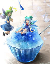 Rule 34 | 2girls, ^^^, ascot, barefoot, bloomers, blue dress, blue hair, bowl, cirno, closed eyes, daiyousei, dress, fairy, fairy wings, flying, food, green eyes, green hair, hair bobbles, hair ornament, hair ribbon, ice, ice wings, mini person, minigirl, multiple girls, open mouth, puffy short sleeves, puffy sleeves, ribbon, shaved ice, shirt, short sleeves, side ponytail, signature, sleeping, spoon, surprised, touhou, umigarasu (kitsune1963), underwear, upskirt, wings