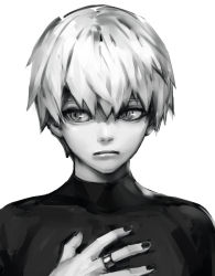 Rule 34 | 1boy, bodysuit, closed mouth, expressionless, grey background, greyscale, hand up, jewelry, kaneki ken, male focus, monochrome, nail polish, ring, shiromi (ringo), short hair, sideways glance, simple background, solo, tokyo ghoul