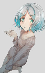 Rule 34 | 1girl, :o, blue hair, blush, brown shirt, comah, gradient hair, green eyes, grey background, grey hair, grey pantyhose, hair ornament, hairclip, hand up, highres, long sleeves, looking at viewer, multicolored hair, no shoes, original, pantyhose, parted bangs, parted lips, shirt, simple background, solo, standing, standing on one leg, striped clothes, striped shirt