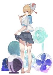 Rule 34 | 1girl, absurdres, acfun, acfun girl, ass, bare arms, bare legs, barefoot, black choker, blonde hair, blue sailor collar, bun cover, choker, double bun, eating, electric fan, food, food in mouth, fps xilou, from behind, full body, grey skirt, hair bun, highres, holding, holding food, looking at viewer, looking back, miniskirt, pinky out, pleated skirt, popsicle, red eyes, sailor collar, school uniform, serafuku, short hair, short sleeves, skirt, skirt hold, solo, standing, white background, white serafuku