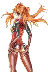 Rule 34 | 1girl, artist request, ass, ass focus, ass grab, bodysuit, breasts, cleft of venus, evangelion: 3.0 you can (not) redo, eyepatch, grabbing own ass, highres, huge ass, interface headset, light smile, long hair, looking at viewer, looking back, medium breasts, neon genesis evangelion, plugsuit, rebuild of evangelion, shiny clothes, skin tight, smile, solo, souryuu asuka langley, two side up, very long hair, white background, wide hips