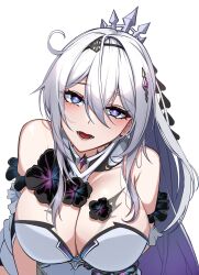 Rule 34 | 1girl, absurdres, black flower, blue eyes, breasts, cleavage cutout, clothing cutout, crown, double-parted bangs, flower, godcastlenoa, hair between eyes, hair ornament, hairpin, highres, honkai (series), honkai impact 3rd, kiana kaslana, kiana kaslana (herrscher of finality), large breasts, long hair, simple background, solo, sparkling eyes, upper body, white background, white hair