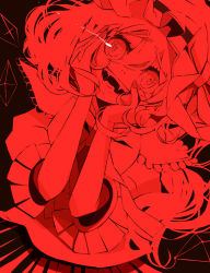 Rule 34 | 1girl, black background, crazy eyes, fangs, female focus, flandre scarlet, hands on own face, hat, head tilt, monochrome, red theme, shirako mugi, simple background, smile, solo, touhou