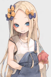 Rule 34 | 1girl, abigail williams (fate), alternate costume, bare shoulders, black bow, blonde hair, blue eyes, blush, bow, commentary request, fate/grand order, fate (series), forehead, grey background, grin, hair bow, hands in pocket, long hair, multiple hair bows, nyucha, hugging object, orange bow, overalls, parted bangs, polka dot, polka dot bow, shirt, simple background, smile, solo, stuffed animal, stuffed toy, tank top, teddy bear, upper body, very long hair, white shirt