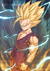Rule 34 | 1boy, absurdres, blonde hair, blood, blood on arm, blood on face, blue eyes, commentary, dougi, dragon ball, dragon ball (classic), english commentary, highres, male focus, muscular, muscular child, saiyan, shirt, simple background, solo, son gohan, spiked hair, super saiyan, super saiyan 1, twitter logo, uchiha jake, wristband