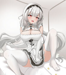 Rule 34 | 1boy, 1girl, 2 (ninininni), azur lane, blush, breasts, cleavage, commander (azur lane), commentary request, dress, elbow gloves, foot on chest, frilled dress, frills, gloves, grey hair, hair between eyes, hand on another&#039;s knee, highres, indoors, large breasts, long hair, maid, maid headdress, red eyes, scylla (azur lane), simple background, smile, symbol-shaped pupils, thighhighs, thighs, very long hair, white gloves, white thighhighs