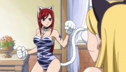 Rule 34 | 2girls, animal ears, animated, animated gif, ass, blonde hair, blush, bouncing breasts, breasts, cat ears, cat tail, catsuit, cleavage, erza scarlet, fairy tail, lucy heartfilia, multiple girls, red hair, screencap, tail, tattoo