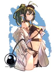 Rule 34 | 1girl, absurdres, antenna hair, arknights, artist logo, artist name, bikini, black bikini, black headwear, blue lizz penguin, breasts, cropped legs, gavial (arknights), green hair, hair between eyes, highres, jacket, long hair, long sleeves, looking at viewer, medium breasts, navel, off shoulder, official alternate costume, open clothes, open jacket, pointy ears, ponytail, simple background, solo, stomach, swimsuit, thigh strap, underboob, white background, white jacket, yellow eyes