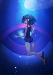 Rule 34 | 1girl, :t, absurdres, ass, bare shoulders, black footwear, black sclera, blue background, blue eyes, blue hair, blue one-piece swimsuit, bubble, closed mouth, colored sclera, creatures (company), female focus, flat chest, from behind, full body, game freak, gen 3 pokemon, hairband, hands up, highres, kyogre, lana (pokemon), legendary pokemon, looking at viewer, looking back, matching hair/eyes, nintendo, one-piece swimsuit, pokemon, pokemon (creature), pokemon sm, sandals, short hair, solo focus, swimming, swimsuit, trial captain, turiganesou800, underwater, yellow eyes, yellow hairband