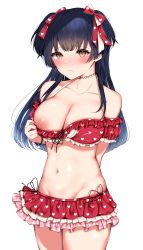 Rule 34 | 1girl, :/, arm behind back, bare shoulders, bikini, bikini pull, bikini skirt, black choker, black hair, blunt bangs, blush, bow, breasts, brown eyes, choker, cleavage, closed mouth, clothes pull, collarbone, commentary request, frilled bikini, frills, groin, hair bow, hand up, heart, heart choker, heart print, highres, idolmaster, idolmaster shiny colors, large breasts, long hair, looking at viewer, mayuzumi fuyuko, navel, nipples, nose blush, off-shoulder bikini, off shoulder, okibari yasu, one breast out, print bikini, print bow, pulling own clothes, raised eyebrows, red bikini, red bow, short sleeves, sidelocks, simple background, solo, standing, stomach, swimsuit, two side up, white background