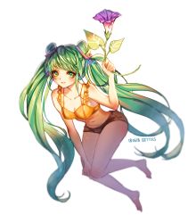 Rule 34 | 1girl, artist name, barefoot, bettols, bikini, bikini top only, black shorts, breasts, cleavage, collarbone, dated, earrings, floating hair, flower, full body, green eyes, green hair, hair ornament, hand on own knee, hatsune miku, holding, holding flower, jewelry, long hair, looking at viewer, medium breasts, purple flower, short shorts, shorts, simple background, smile, solo, swimsuit, twintails, very long hair, vocaloid, white background, yellow bikini