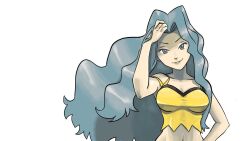 Rule 34 | 1girl, bare arms, bare shoulders, blue eyes, blue hair, breasts, camisole, cleavage, collarbone, creatures (company), crop top, game freak, hand on own hip, karen (pokemon), large breasts, light blue hair, long hair, midriff, nintendo, official style, parted bangs, pokemon, pokemon hgss, solo, spaghetti strap, tomnamiheeei8ch, wavy hair, white background, yellow camisole