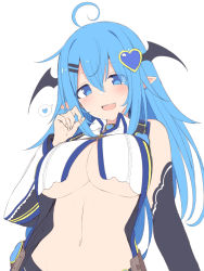 Rule 34 | 1girl, :d, ahoge, black choker, black coat, blue eyes, blue hair, breasts, choker, cleavage, coat, collared shirt, crop top, demon girl, detached sleeves, hair ornament, hairclip, hand up, head wings, heart, heart choker, heart hair ornament, large breasts, long hair, long sleeves, looking at viewer, midriff, navel, open clothes, open coat, open mouth, original, pointy ears, revealing clothes, shirt, sleeveless, sleeveless shirt, smile, snow (gi66gotyo), solo, spoken heart, stomach, underboob, upper body, white shirt, wide sleeves, wings