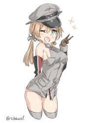 Rule 34 | 1girl, anchor, anchor hair ornament, arm behind back, bad id, bad twitter id, bare shoulders, bismarck (kancolle), bismarck (kancolle) (cosplay), black ribbon, blonde hair, blush, bottomless, breasts, brown gloves, cosplay, cowboy shot, cropped legs, detached sleeves, ebifurya, eyebrows, gloves, green eyes, grey thighhighs, groin, hair between eyes, hair ornament, hair ribbon, hand up, hat, highres, inactive account, kantai collection, long hair, long sleeves, looking at viewer, medium breasts, no panties, one eye closed, open mouth, peaked cap, pouch, prinz eugen (kancolle), ribbon, sideboob, simple background, sleeveless, smile, solo, sparkle, standing, thighhighs, twintails, twitter username, uniform, v, white background