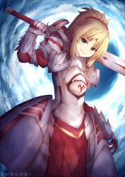 Rule 34 | 1girl, absurdres, armor, artist name, blonde hair, blush, clarent (fate), dutch angle, fate/apocrypha, fate/grand order, fate (series), green eyes, highres, holding, holding sword, holding weapon, kwkunai, looking at viewer, mordred (fate), mordred (fate/apocrypha), over shoulder, parted lips, ponytail, short hair, short ponytail, smile, solo, sword, sword over shoulder, teeth, weapon, weapon over shoulder