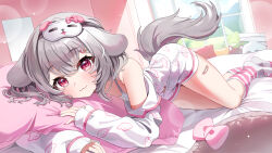 Rule 34 | 1girl, :3, animal ears, animal print, bandaid, bandaid on leg, bare shoulders, blush, closed mouth, dog ears, dog tail, full body, grey hair, hair between eyes, hair ornament, hairpin, highres, hugging object, indie virtual youtuber, kinyouny, looking at viewer, lying, on bed, open clothes, open shirt, pajamas, pillow, pillow hug, pink eyes, room, short hair, shorts, sleep mask, sleeves past wrists, socks, solo, striped clothes, striped socks, tail, window, yangazi (dkwl025)