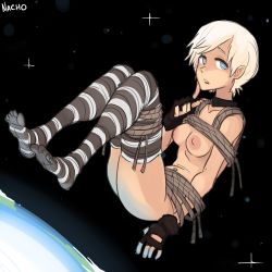 Rule 34 | 1girl, absurdres, ass, bdsm, black choker, black gloves, blonde hair, blue eyes, bondage, bound, breasts, choker, collarbone, female focus, fingerless gloves, floating, full body, gloves, hand up, highres, kneehighs, looking at viewer, nachonachoz, nipples, open mouth, original, rope, short hair, signature, small breasts, socks, solo, space, striped clothes, striped socks