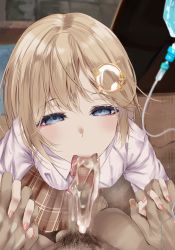 Rule 34 | 1boy, 1girl, censored, cum, cum in mouth, fellatio, hair ornament, hetero, highres, holding hands, hololive, hololive english, looking at viewer, mosaic censoring, oral, suujiniku, tagme, tongue, virtual youtuber, watson amelia, watson amelia (1st costume)