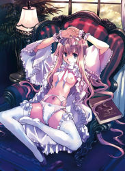 Rule 34 | 1girl, arms up, blonde hair, blue eyes, book, bow, bow panties, breasts, chair, flat chest, frills, garter belt, gothic lolita, high heels, lamp, lingerie, lolita fashion, long hair, matsumoto noriyuki, navel, nipples, no bra, open clothes, panties, shoes, single shoe, sitting, small breasts, smile, solo, thighhighs, underwear, very long hair, white panties, white thighhighs, wrist cuffs