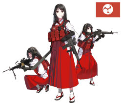 3girls absurdres assault_rifle black_gloves black_hair brown_eyes closed_mouth full_body gloves gun hakama hakama_skirt hiememiko highres holding holding_gun holding_sword holding_weapon howa_type_89 japanese_clothes kimono kinki_spiritual_affairs_bureau light_machine_gun long_hair m249_saw machine_gun miko mitsudomoe_(shape) multiple_girls parted_lips red_hakama rifle sandals simple_background skirt squatting standing sword tabi tomoe_(symbol) weapon white_background white_kimono zouri