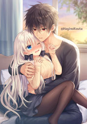 Rule 34 | 1boy, 1girl, black bow, black hair, black pants, black skirt, blue eyes, blush, bow, breasts, brown pantyhose, brown sweater, collarbone, commission, feet out of frame, hagino kouta, hair between eyes, hair bow, hetero, indoors, long hair, long sleeves, medium breasts, no shoes, nose blush, on bed, original, pants, pantyhose, parted lips, red eyes, ribbed sweater, skeb commission, skirt, sleeves past wrists, sunset, sweat, sweater, twitter username, v-shaped eyebrows, very long hair, white hair, window
