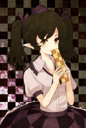Rule 34 | 1girl, bad id, bad pixiv id, black hair, brown eyes, brown hair, camera phone, cellphone, cellphone strap, checkered background, checkered clothes, checkered skirt, dress shirt, female focus, hair ribbon, hat, himekaidou hatate, phone, pink shirt, pointy ears, ribbon, shirt, skirt, smile, solo, tokin hat, touhou, twintails, upper body, urin, yellow eyes