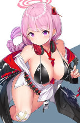 Rule 34 | 1girl, bandolier, between breasts, bikini, black bikini, black jacket, blue archive, blush, braid, braided ponytail, breasts, cleavage, commentary request, eimi (blue archive), halo, headphones, headphones around neck, highres, jacket, konnyaku (kk-monmon), large breasts, long hair, long sleeves, looking at viewer, necktie, necktie between breasts, off shoulder, open clothes, open shirt, partially unbuttoned, partially unzipped, pink hair, purple eyes, red necktie, shirt, solo, swimsuit, unzipping, white shirt, zipper, zipper pull tab