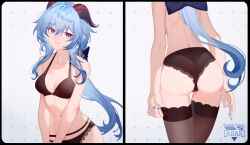 Rule 34 | 1girl, absurdres, ahoge, ass, bare arms, bare shoulders, black bra, black panties, black thighhighs, blue hair, blue nails, bra, breasts, cleavage, collarbone, commentary request, ganyu (genshin impact), genshin impact, grey background, hair between eyes, highres, horns, hunxuemeilin, long hair, looking at viewer, medium breasts, multiple views, nail polish, navel, panties, partial commentary, purple eyes, sidelocks, smile, stomach, thighhighs, thighs, underwear, underwear only, upper body, v arms, very long hair
