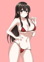 Rule 34 | 1girl, akagi (kancolle), bare shoulders, bikini, black hair, breasts, collarbone, cowboy shot, hand on own hip, highres, kantai collection, large breasts, long hair, looking at viewer, nakura haru, navel, pink background, red bikini, simple background, smile, solo, stomach, straight hair, swimsuit