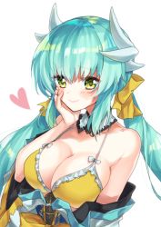 Rule 34 | 1girl, aqua hair, bad id, bad pixiv id, blush, breasts, cleavage, fate/grand order, fate (series), hand on own cheek, hand on own face, heart, horns, japanese clothes, kimono, kiyohime (fate), kiyohime (swimsuit lancer) (first ascension) (fate), kuroko (krgm965), large breasts, long hair, looking at viewer, low twintails, simple background, smile, solo, twintails, upper body, white background, yellow eyes
