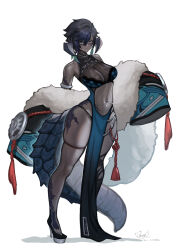 Rule 34 | 1girl, au ra, black hair, black panties, black skin, blue eyes, breasts, colored skin, detached sleeves, dragon horns, dragon tail, feather boa, feather hair ornament, feathers, final fantasy, final fantasy xiv, hair ornament, high heels, highleg, highleg panties, highres, horns, large breasts, looking at viewer, navel, panties, pelvic curtain, revealing clothes, scales, short hair, solo, tail, udongo99, underwear, warrior of light (ff14), white background